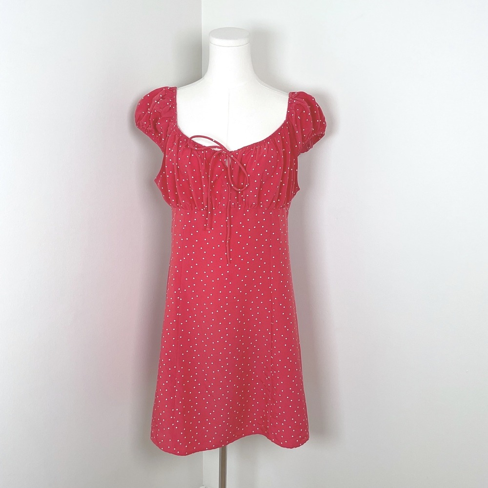 Levi's‎ Women's Red Polka Dot Puff Sleeve Square Neck Tie Front Dress L
